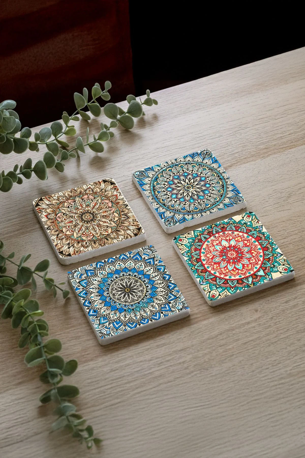 Lüks Mermer Altlık Seti 4'Lü Set 10X10X1 Cm - Mosque Cami Desen Çini
