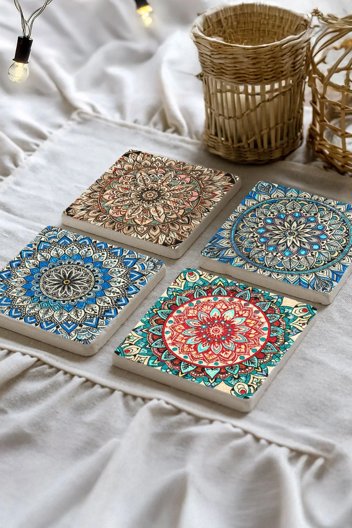 Lüks Mermer Altlık Seti 4'Lü Set 10X10X1 Cm - Mosque Cami Desen Çini