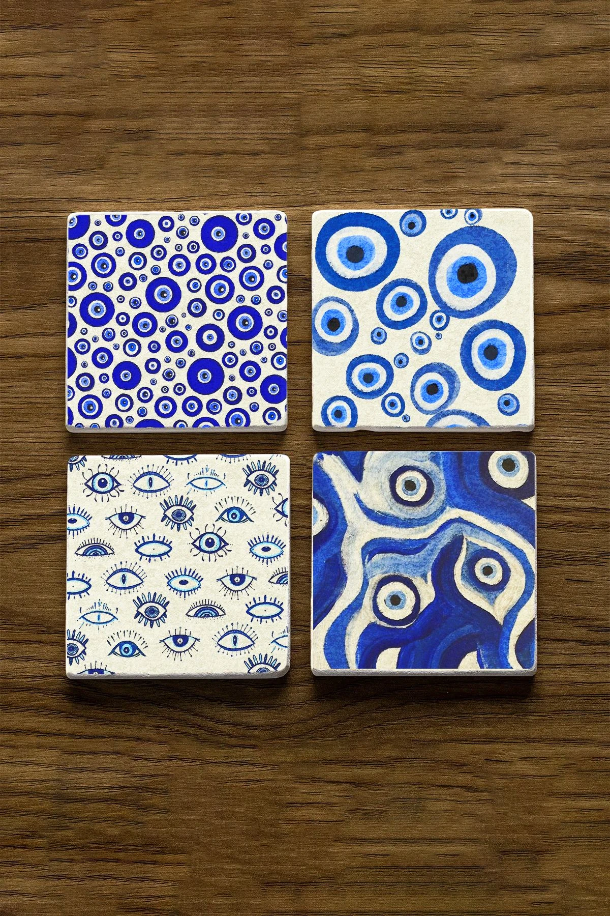 Minimalist Mermer Bardak Altlığı 4'Lü Set 10X10X1 Cm - Nazar Boncukları