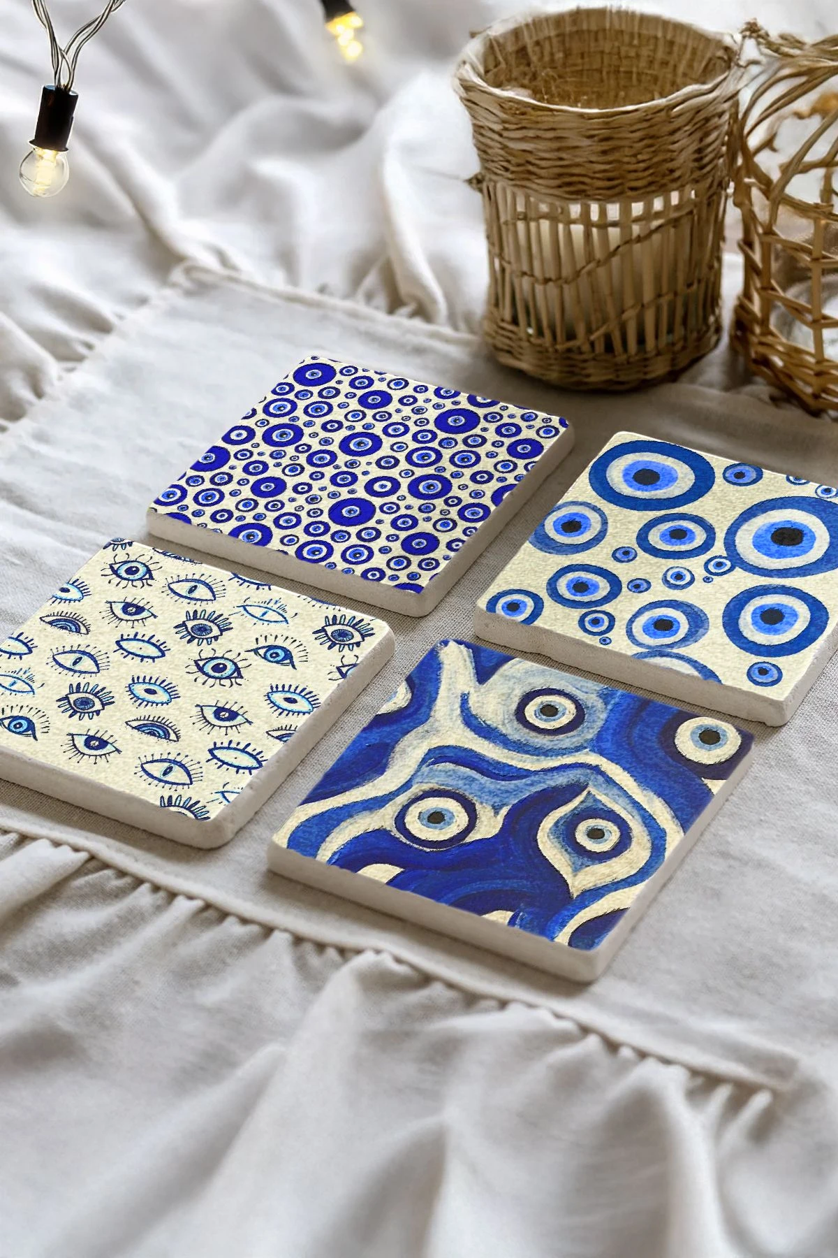 Minimalist Mermer Bardak Altlığı 4'Lü Set 10X10X1 Cm - Nazar Boncukları