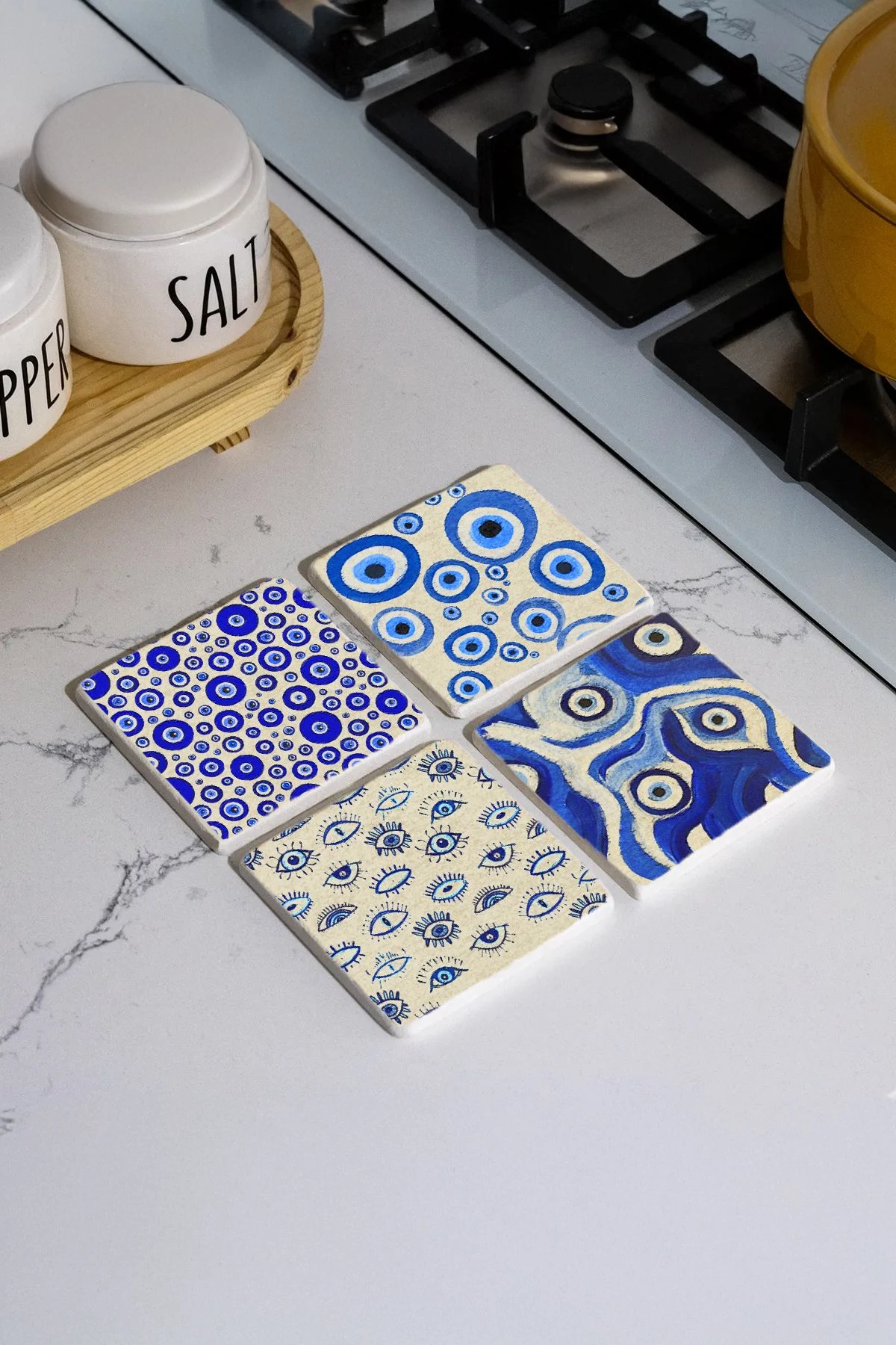 Minimalist Mermer Bardak Altlığı 4'Lü Set 10X10X1 Cm - Nazar Boncukları