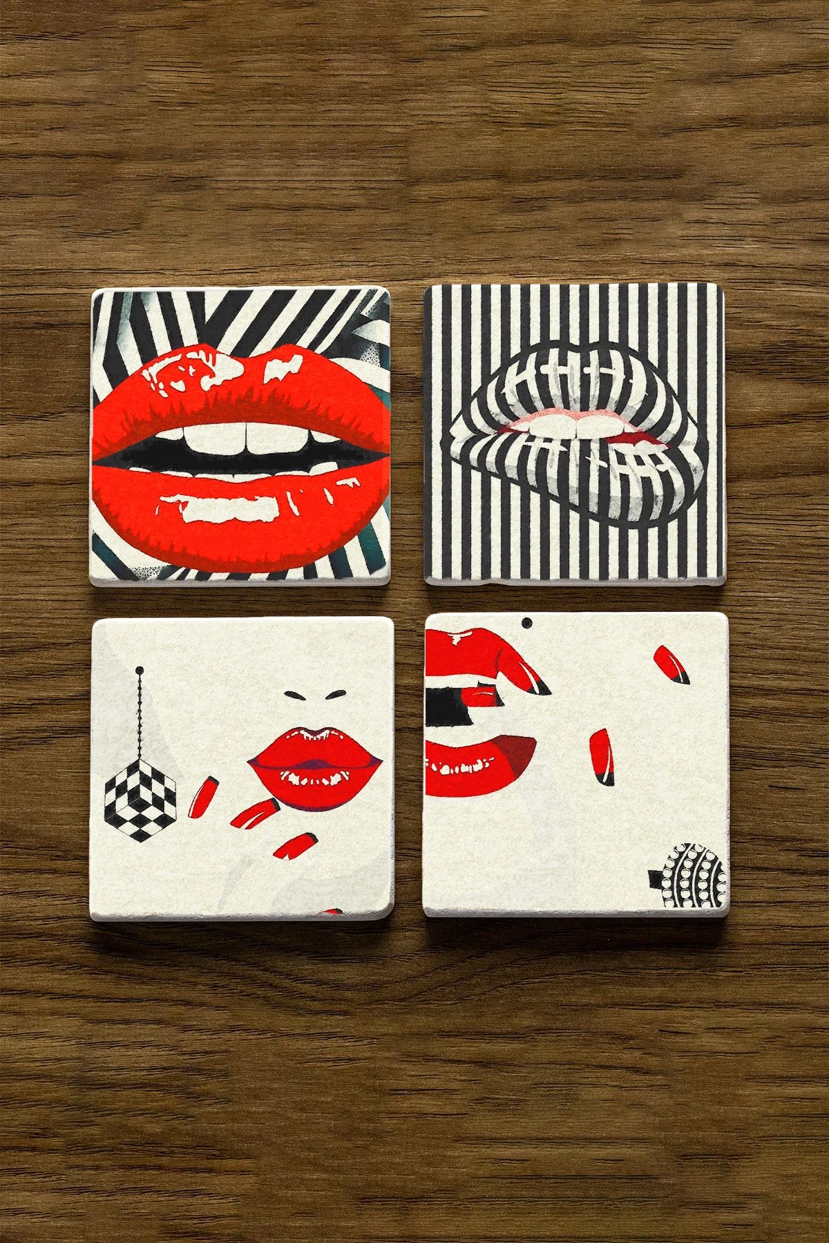 Doğal Taş Mermer Bardak Altlığı 4'Lü Set 10X10X1 Cm - Retro Kadın Dudak Figür