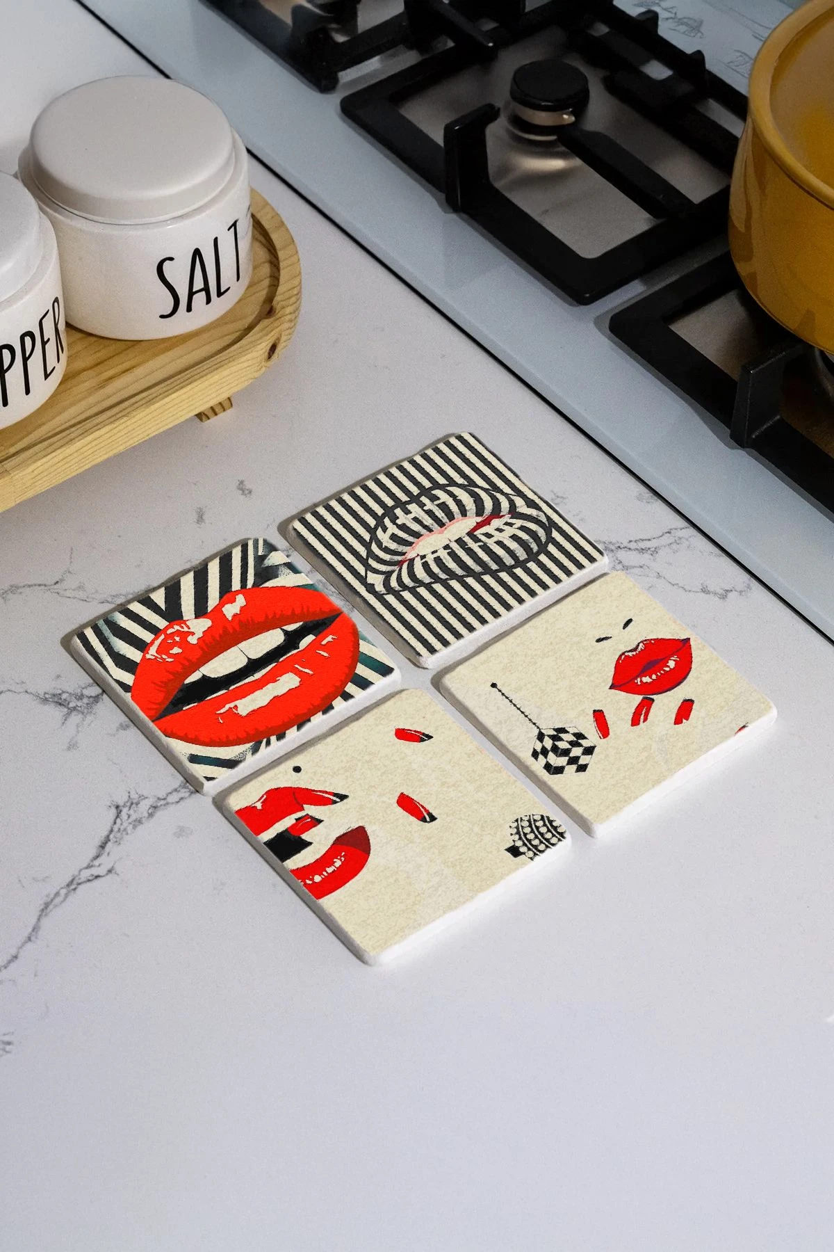 Doğal Taş Mermer Bardak Altlığı 4'Lü Set 10X10X1 Cm - Retro Kadın Dudak Figür