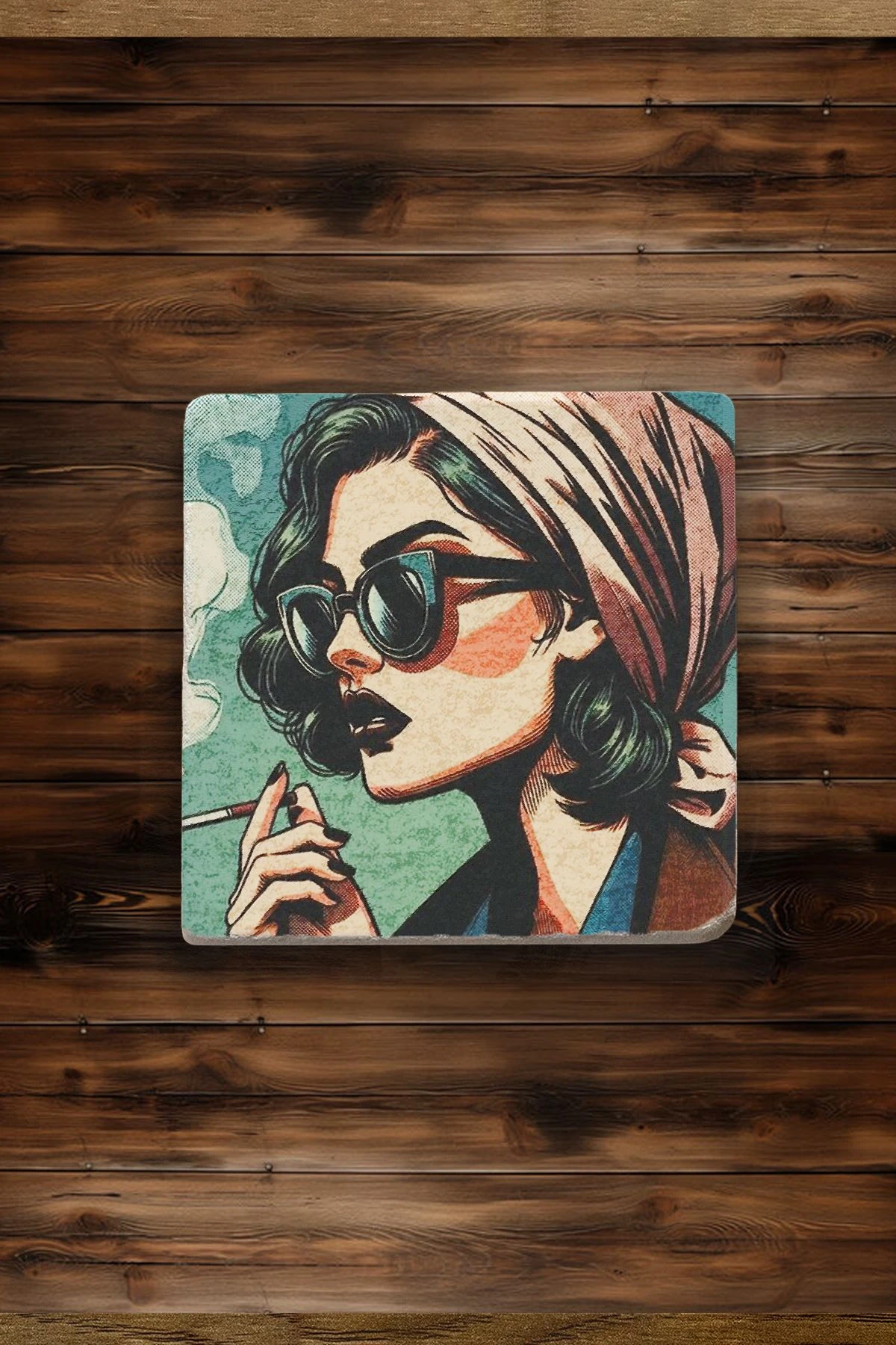 Doğal Taş Mermer Bardak Altlığı 4'Lü Set 10X10X1 Cm - Retro Kadın Figür