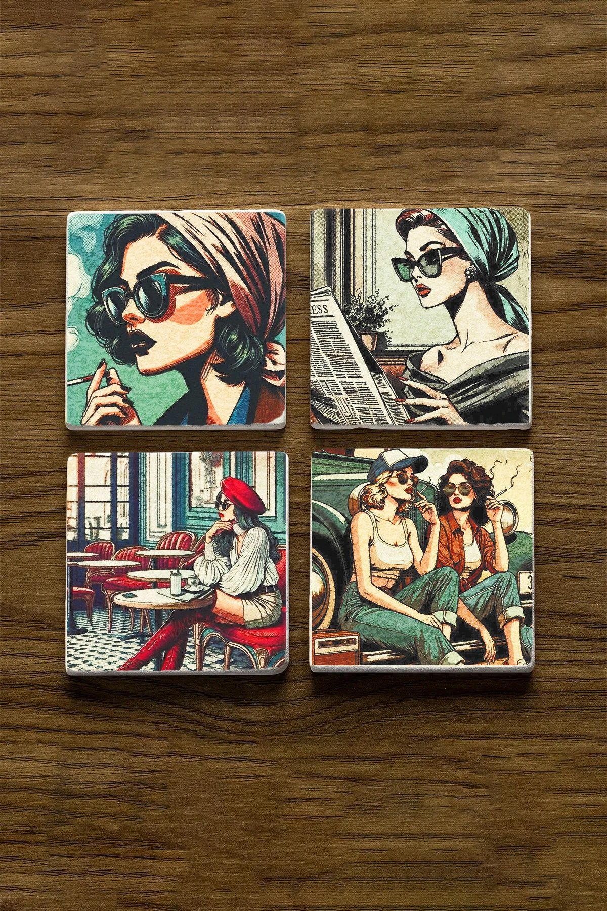 Doğal Taş Mermer Bardak Altlığı 4'Lü Set 10X10X1 Cm - Retro Kadın Figür