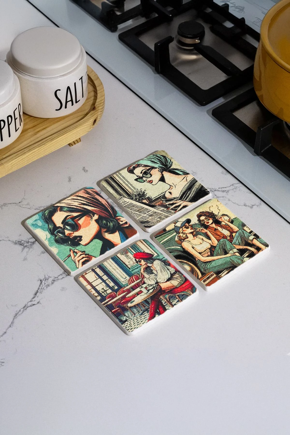 Doğal Taş Mermer Bardak Altlığı 4'Lü Set 10X10X1 Cm - Retro Kadın Figür