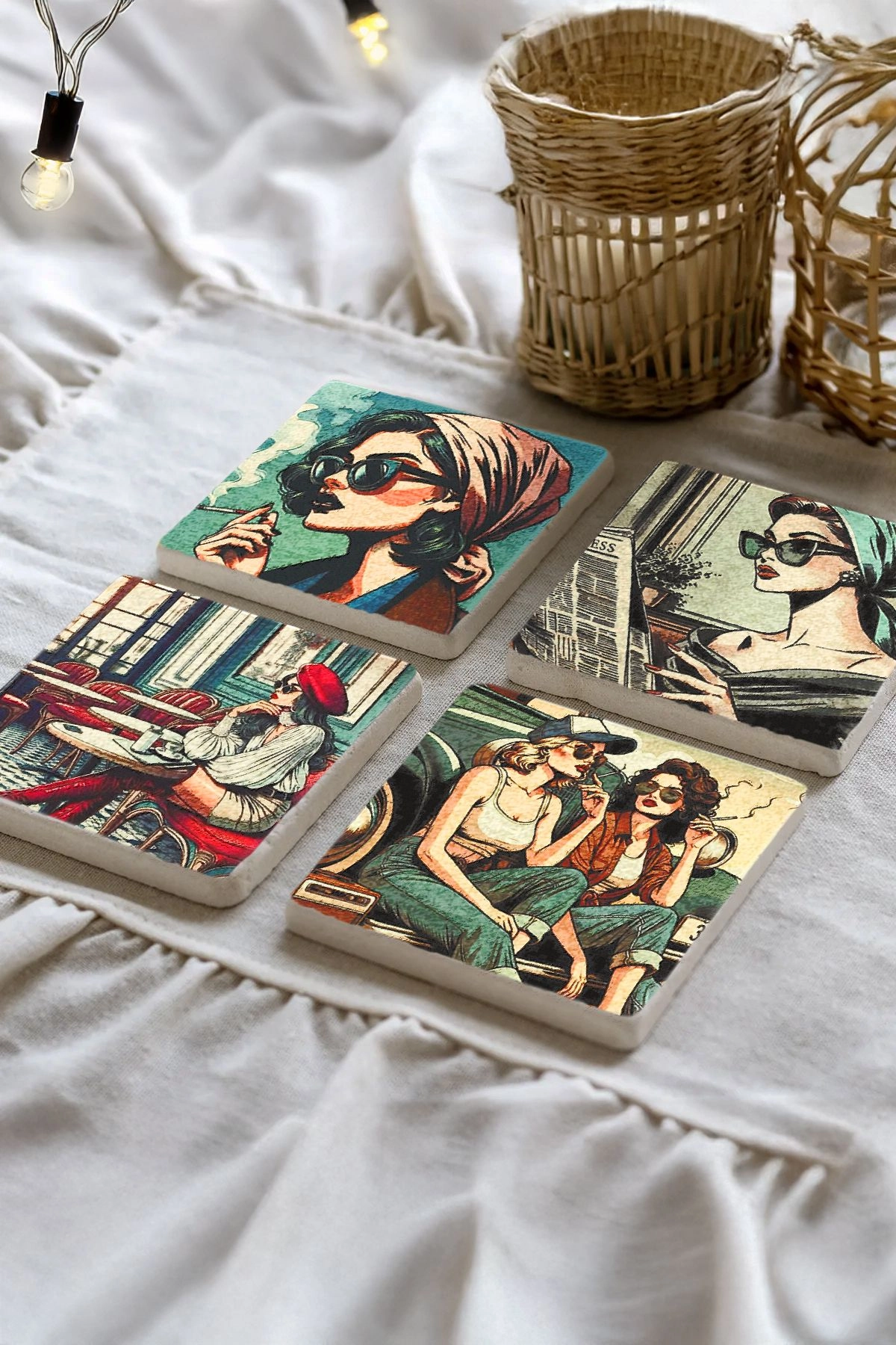 Doğal Taş Mermer Bardak Altlığı 4'Lü Set 10X10X1 Cm - Retro Kadın Figür