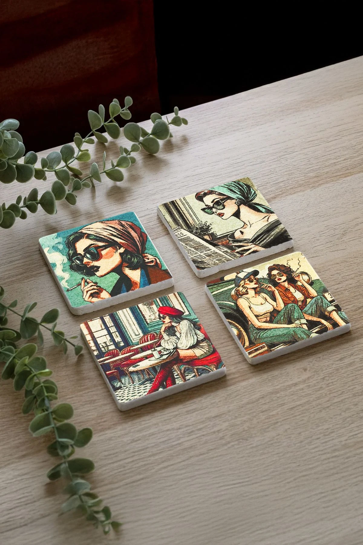 Doğal Taş Mermer Bardak Altlığı 4'Lü Set 10X10X1 Cm - Retro Kadın Figür