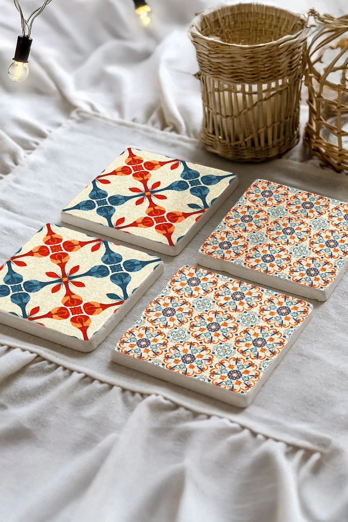 Şık ve Dayanıklı Mermer Bardak Altlığı 4'Lü Set 10X10X1 Cm - Retro Zemin Mozaik