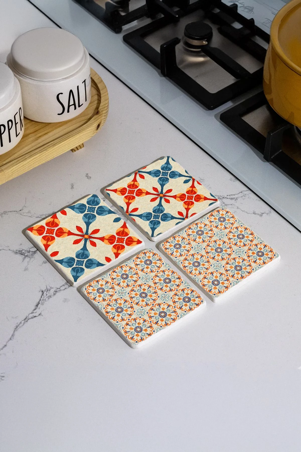 Şık ve Dayanıklı Mermer Bardak Altlığı 4'Lü Set 10X10X1 Cm - Retro Zemin Mozaik
