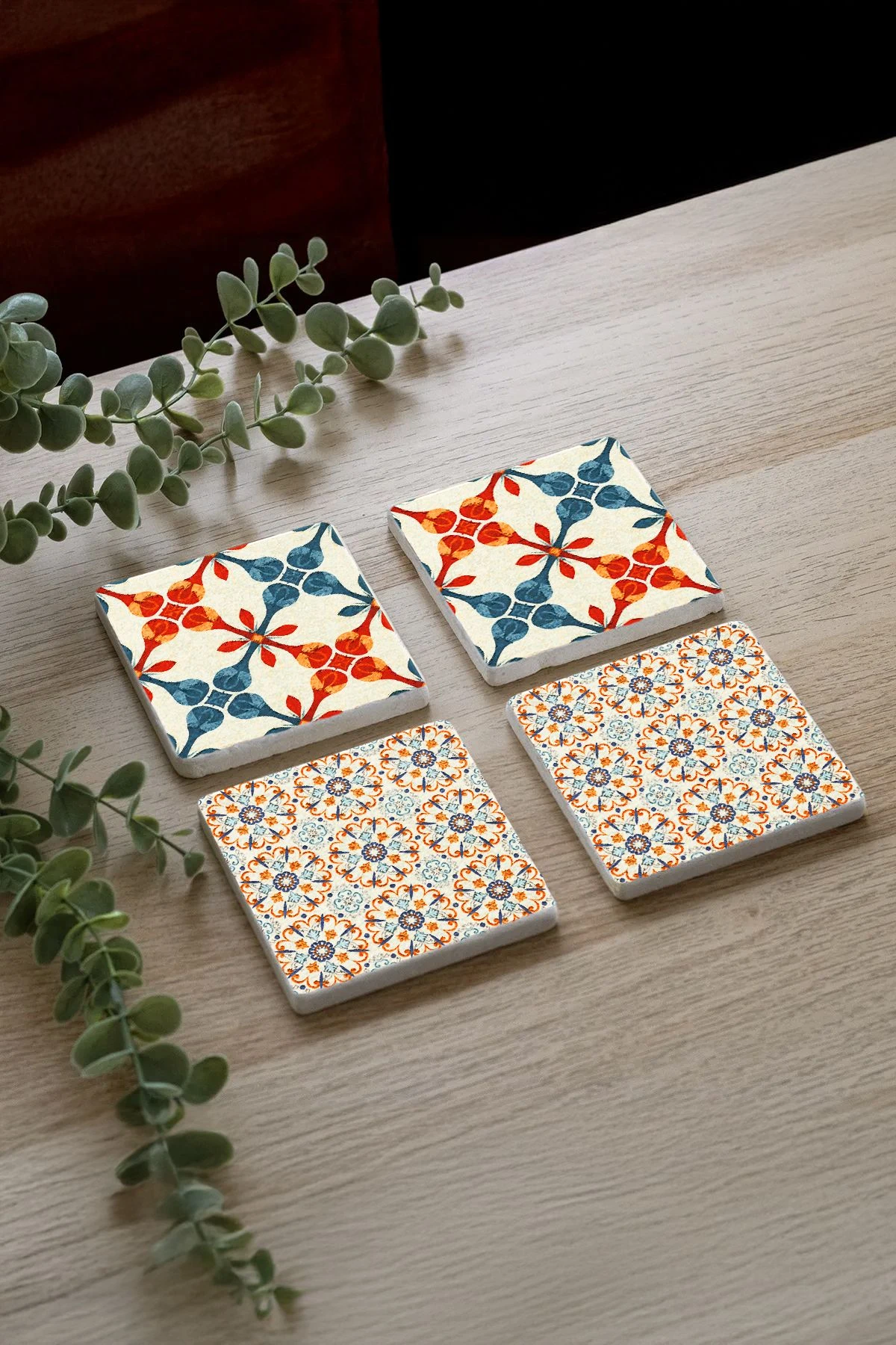 Şık ve Dayanıklı Mermer Bardak Altlığı 4'Lü Set 10X10X1 Cm - Retro Zemin Mozaik
