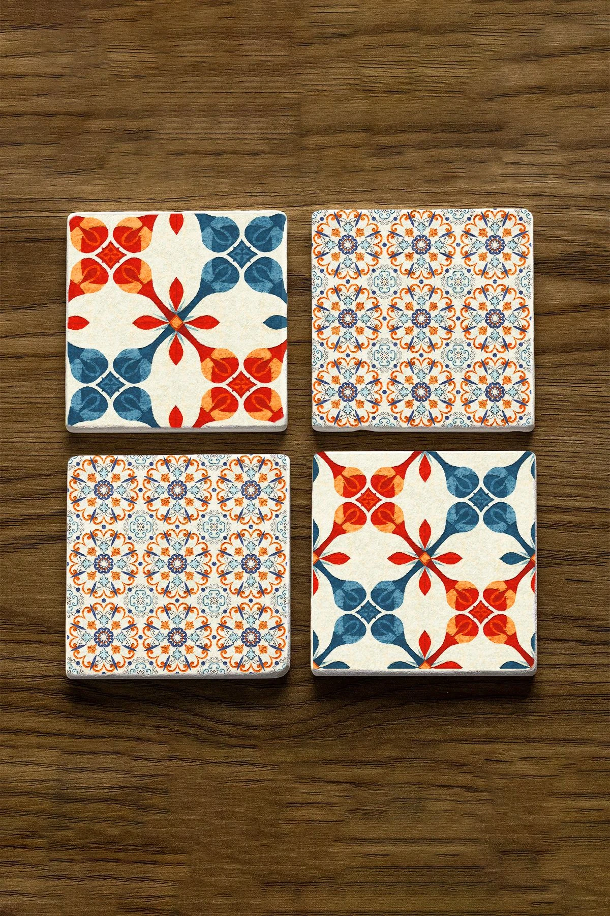 Şık ve Dayanıklı Mermer Bardak Altlığı 4'Lü Set 10X10X1 Cm - Retro Zemin Mozaik