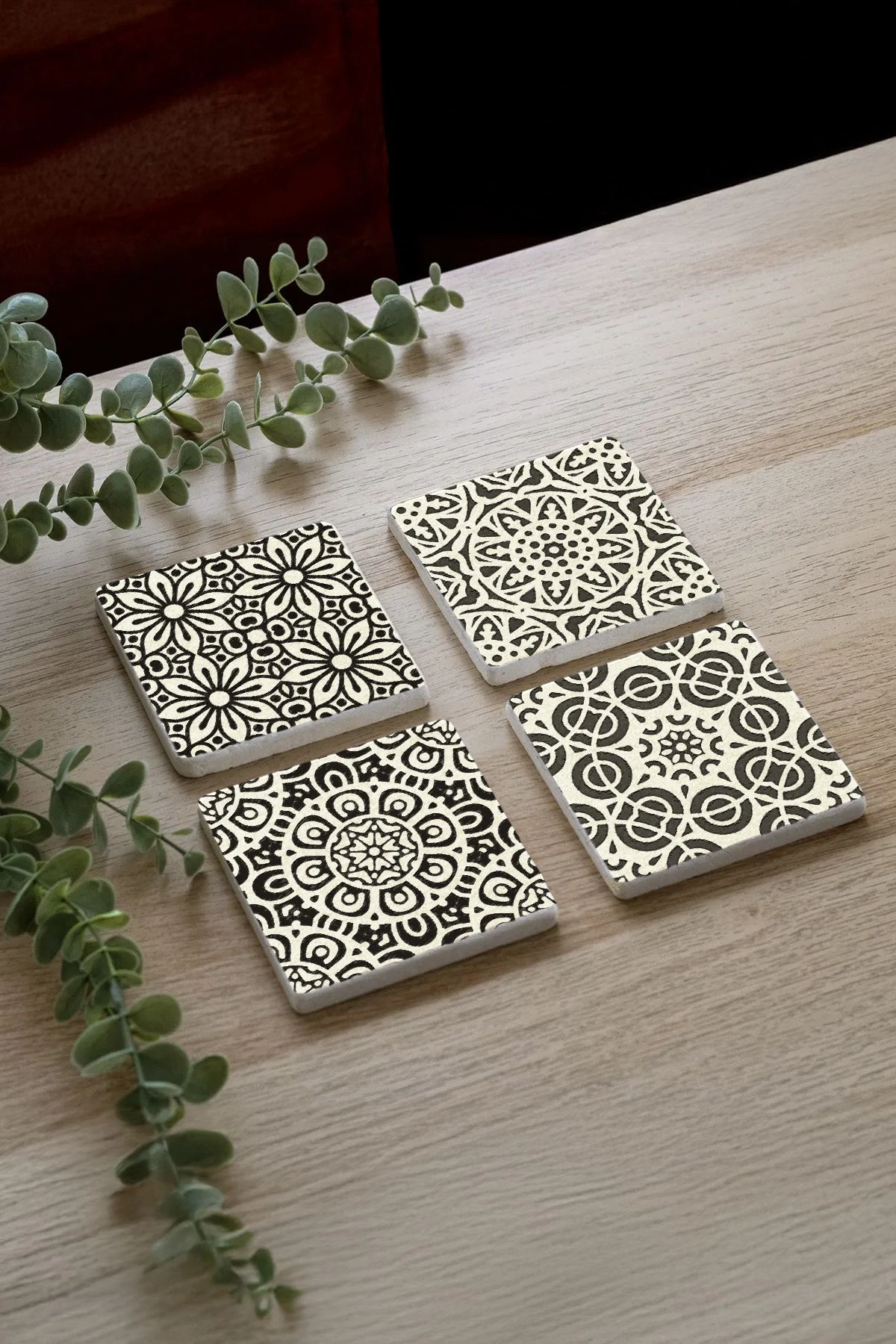Lüks Doğal Taş Bardak Altlığı - Siyah Beyaz Çini Modeller