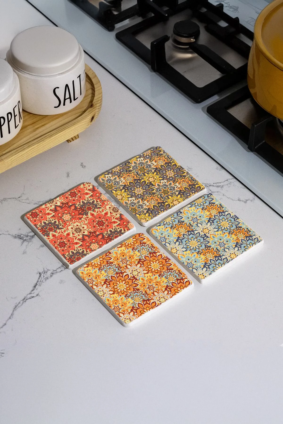 El Yapımı Doğal Taş Bardak Altlığı 10X10X1 Cm - Sonbahar Çini Model