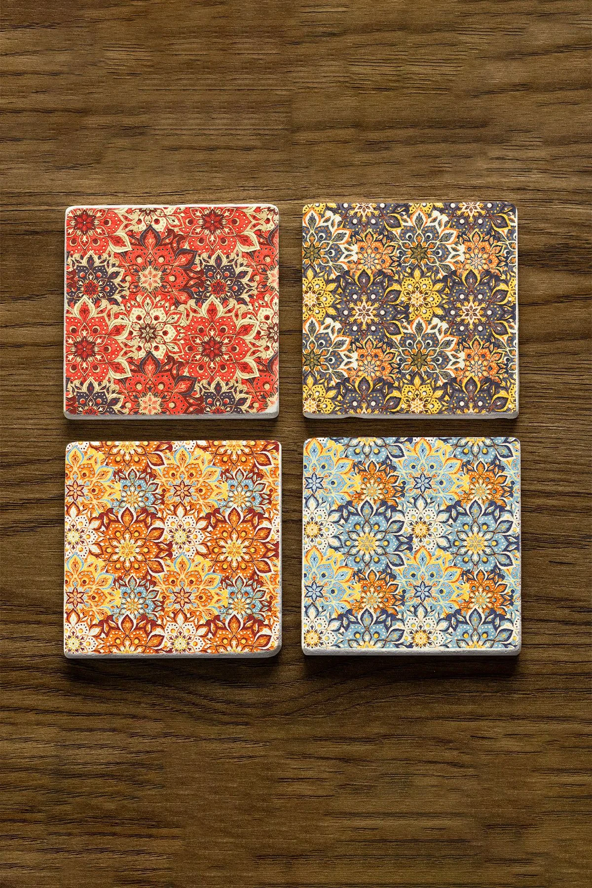 El Yapımı Doğal Taş Bardak Altlığı 10X10X1 Cm - Sonbahar Çini Model