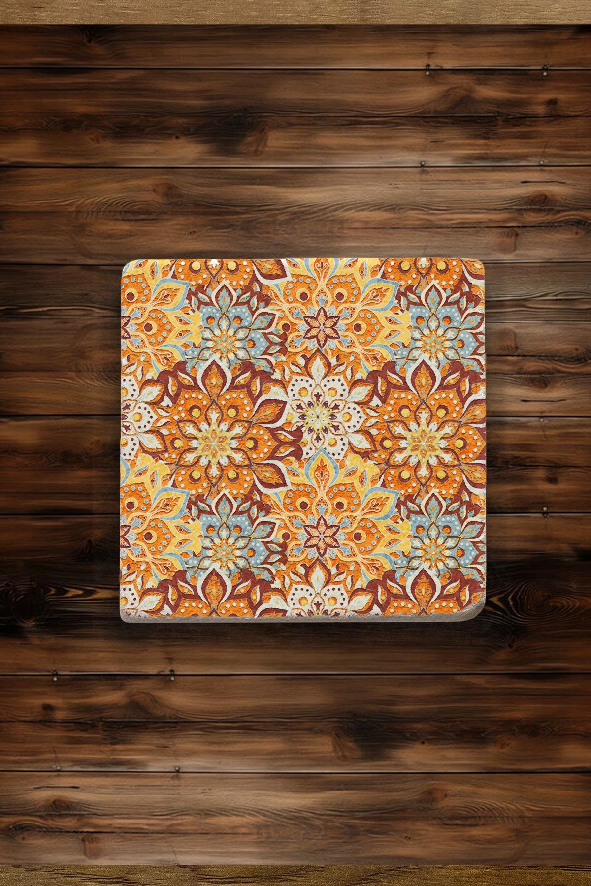 El Yapımı Doğal Taş Bardak Altlığı 10X10X1 Cm - Sonbahar Çini Model
