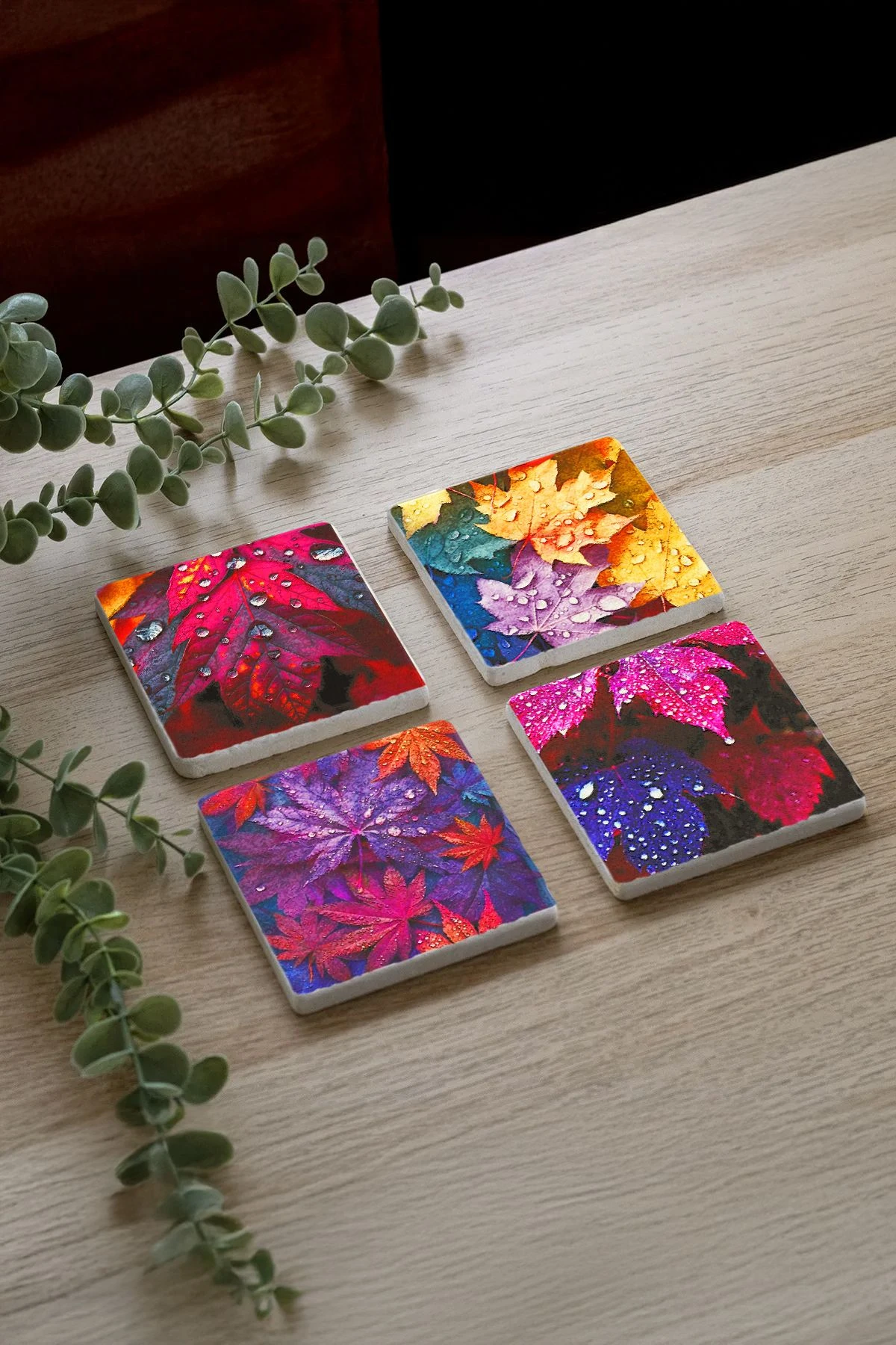 10x10 Kare Mermer Bardak Altlıkları - Sonbahar Yağmurlu Renkli Yapraklar