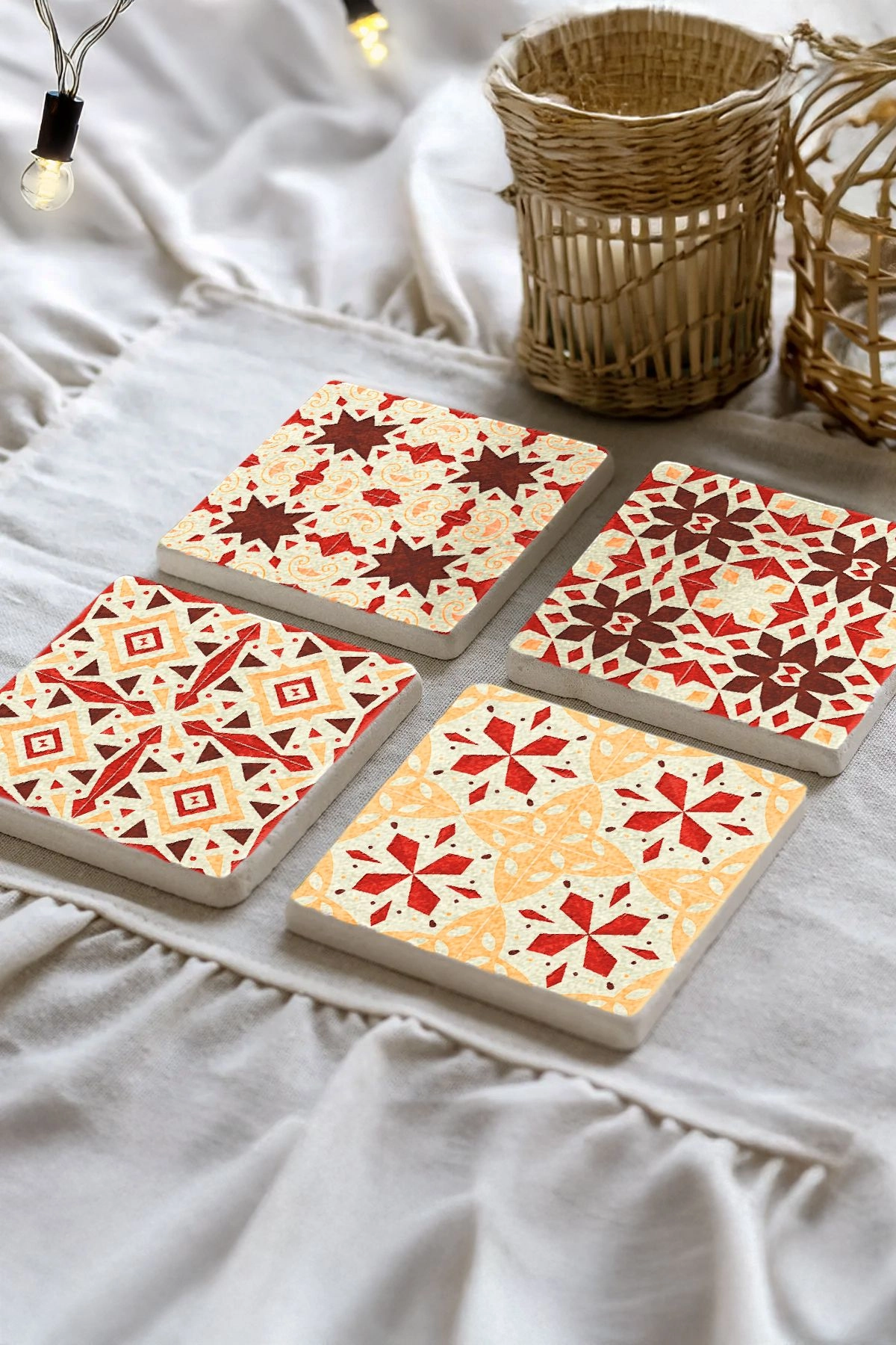 Dekoratif Mermer Bardak Altlığı Seti 4'Lü 10X10X1 Cm - Turuncu Çini Model