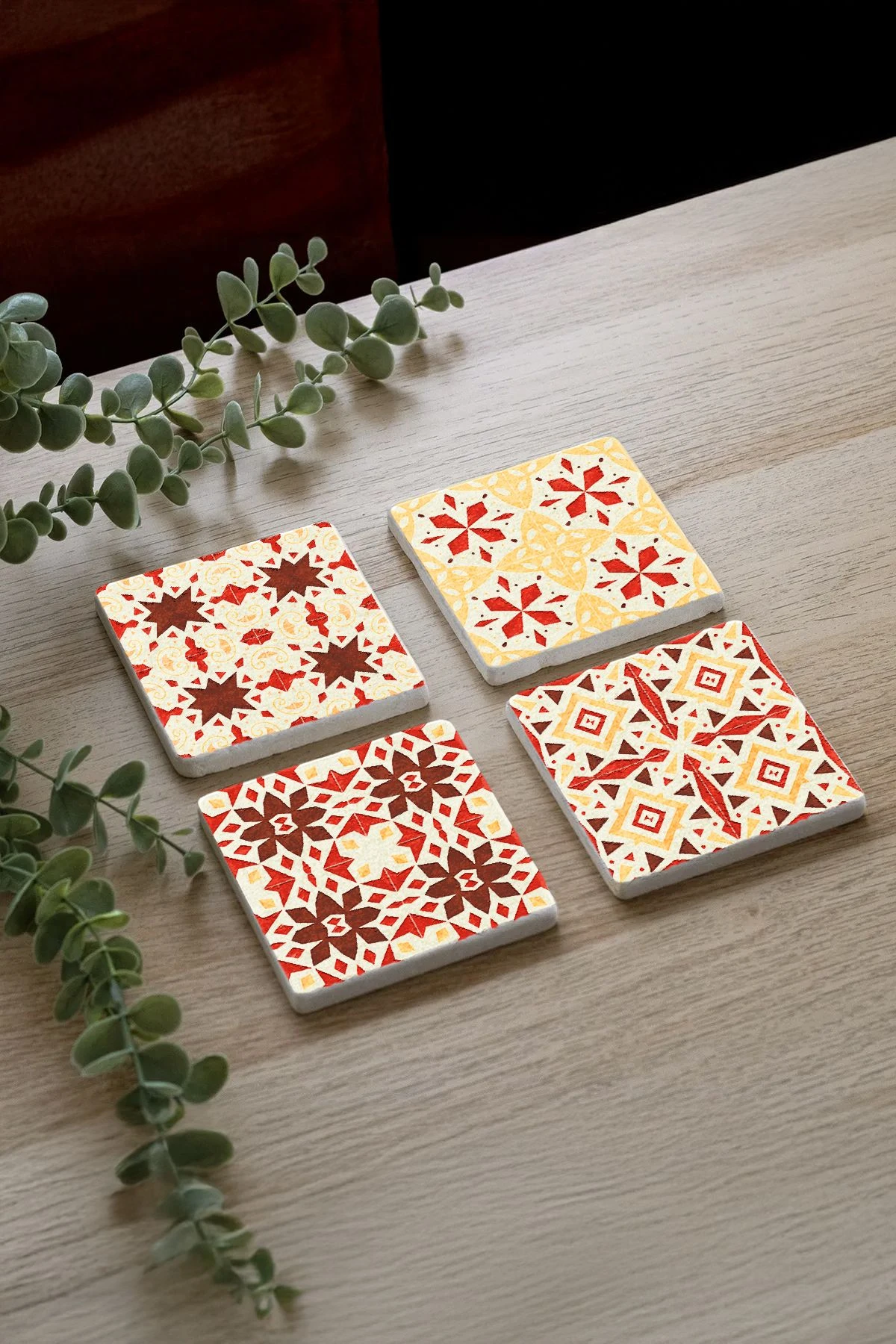 Dekoratif Mermer Bardak Altlığı Seti 4'Lü 10X10X1 Cm - Turuncu Çini Model