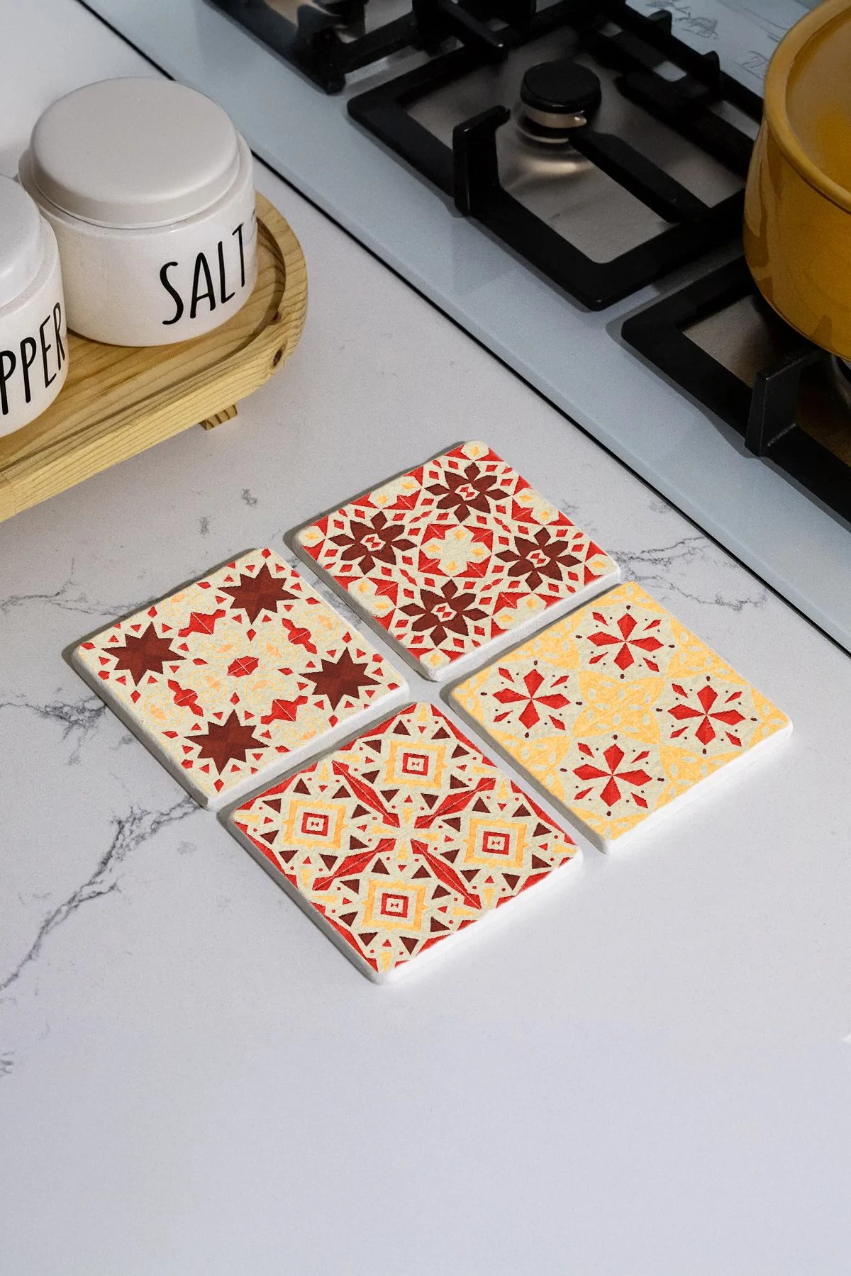 Dekoratif Mermer Bardak Altlığı Seti 4'Lü 10X10X1 Cm - Turuncu Çini Model