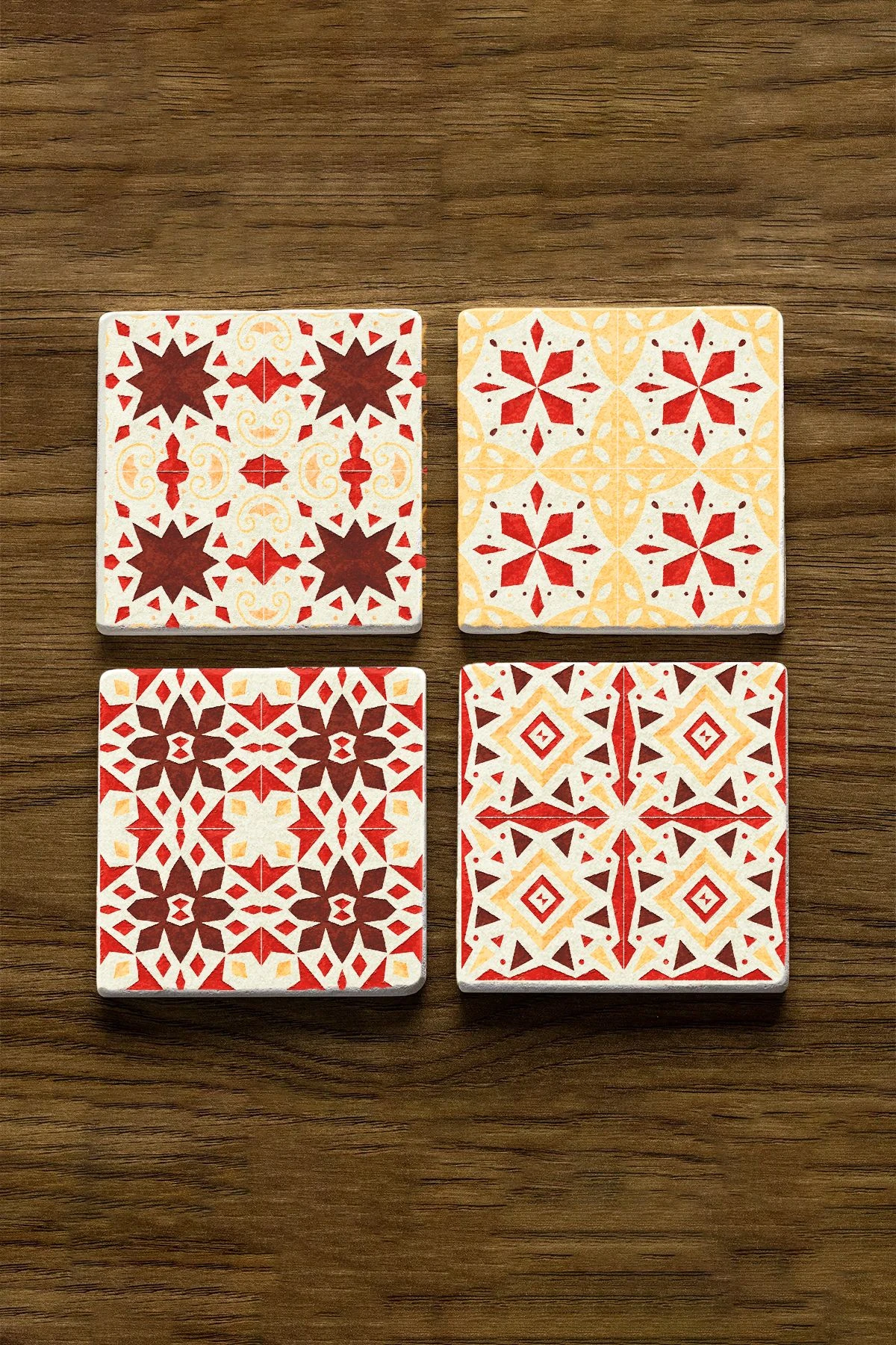 Dekoratif Mermer Bardak Altlığı Seti 4'Lü 10X10X1 Cm - Turuncu Çini Model