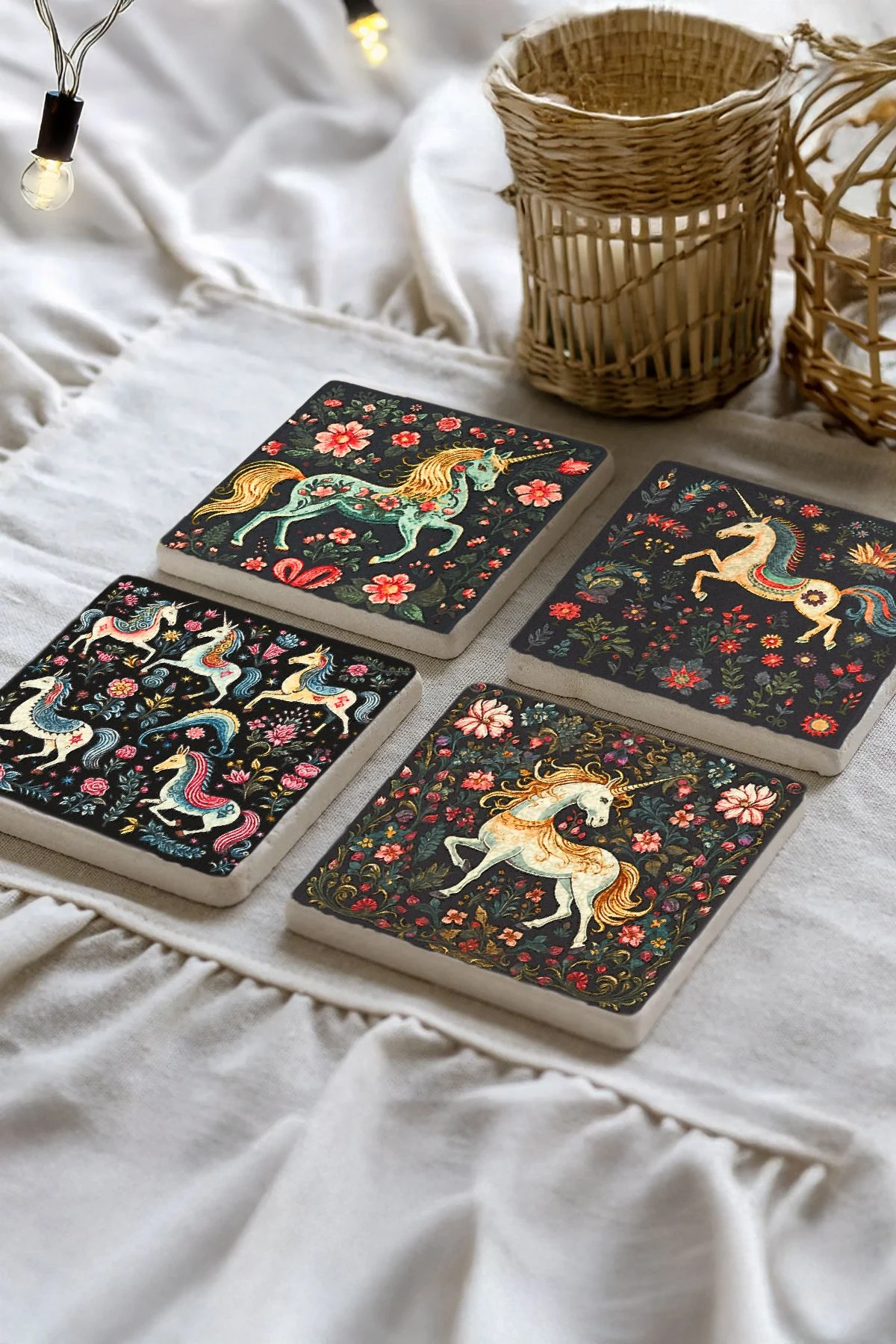 Doğal Mermer Kare Bardak Altı 4'Lü Set 10X10X1 Cm - Unicorn Black Tasarım