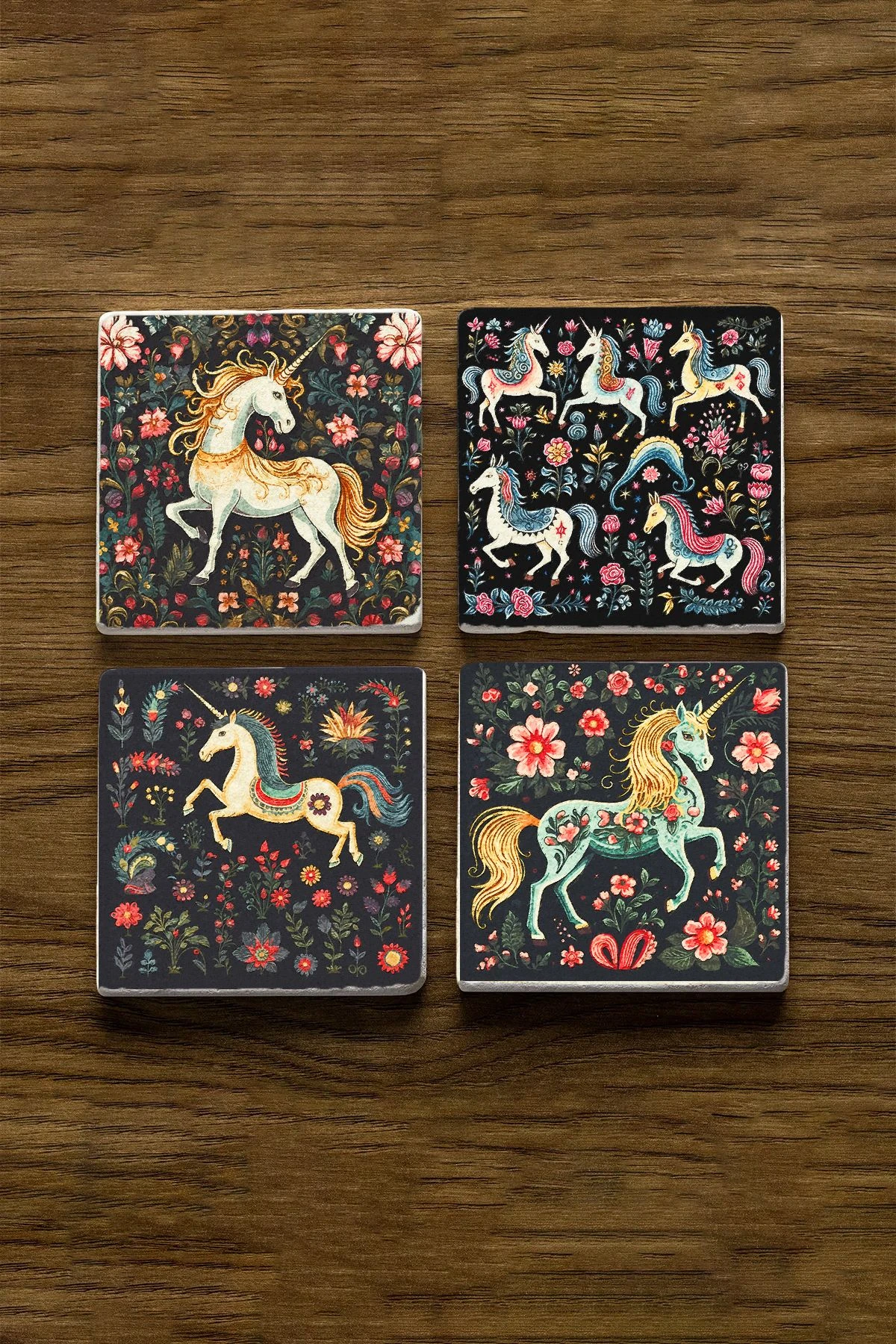 Doğal Mermer Kare Bardak Altı 4'Lü Set 10X10X1 Cm - Unicorn Black Tasarım