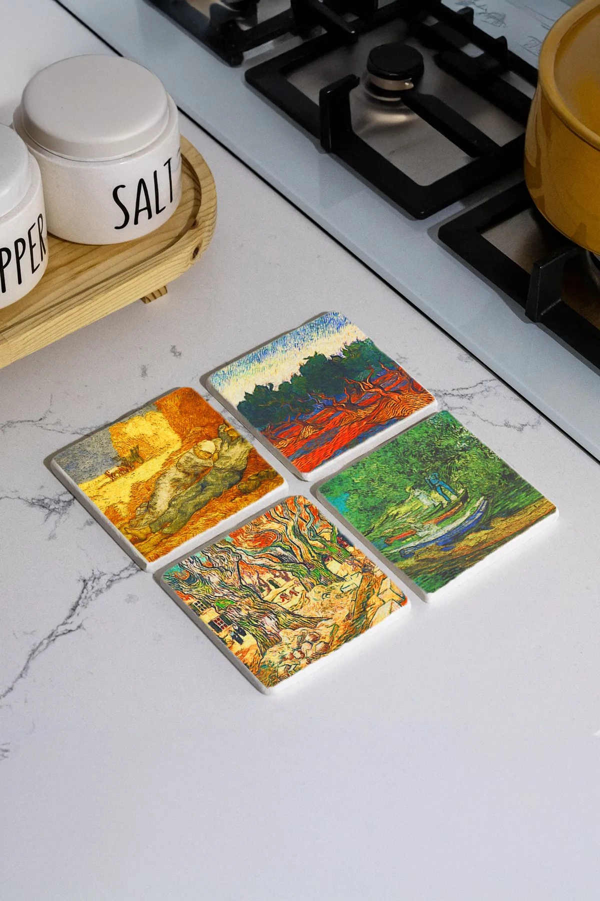 Baskılı Kare Mermer Bardak Altlığı 4'Lü Set 10X10X1 Cm - Vincent Van Gogh Çiftçiler Ve Balıkçılar