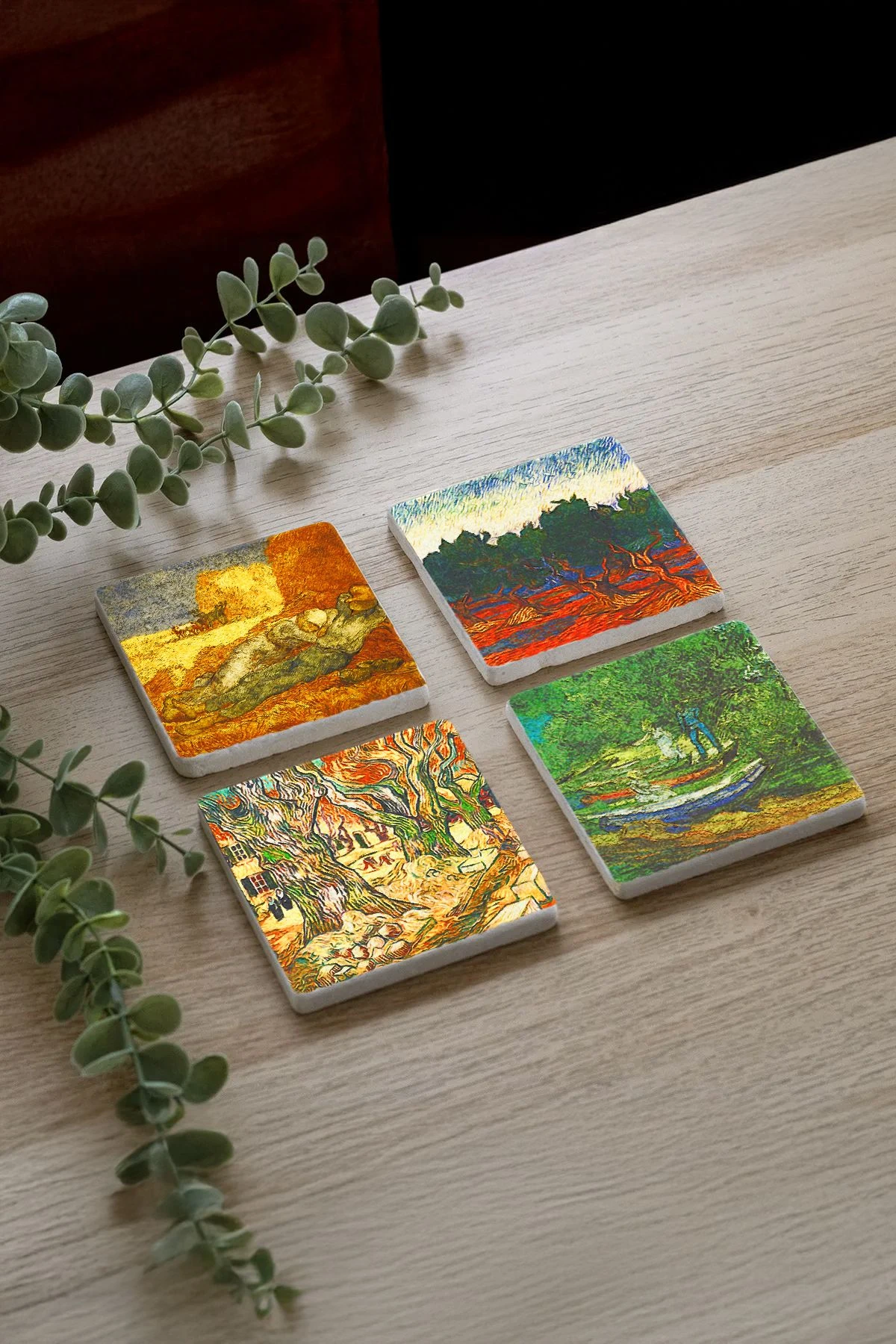 Baskılı Kare Mermer Bardak Altlığı 4'Lü Set 10X10X1 Cm - Vincent Van Gogh Çiftçiler Ve Balıkçılar