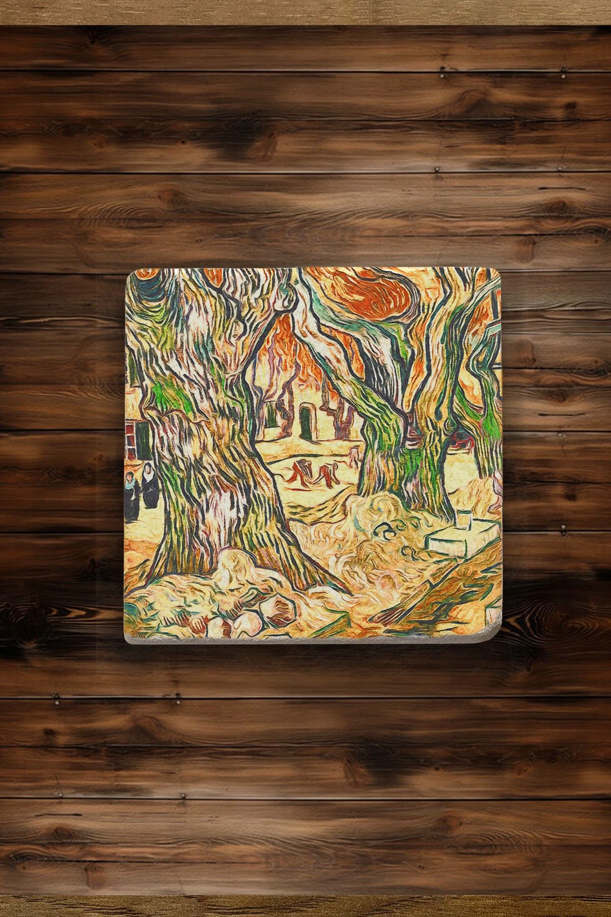 Baskılı Kare Mermer Bardak Altlığı 4'Lü Set 10X10X1 Cm - Vincent Van Gogh Çiftçiler Ve Balıkçılar