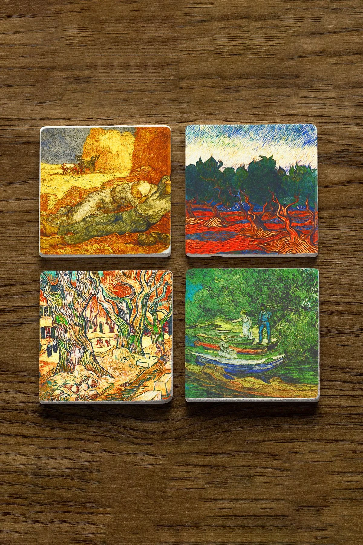 Baskılı Kare Mermer Bardak Altlığı 4'Lü Set 10X10X1 Cm - Vincent Van Gogh Çiftçiler Ve Balıkçılar