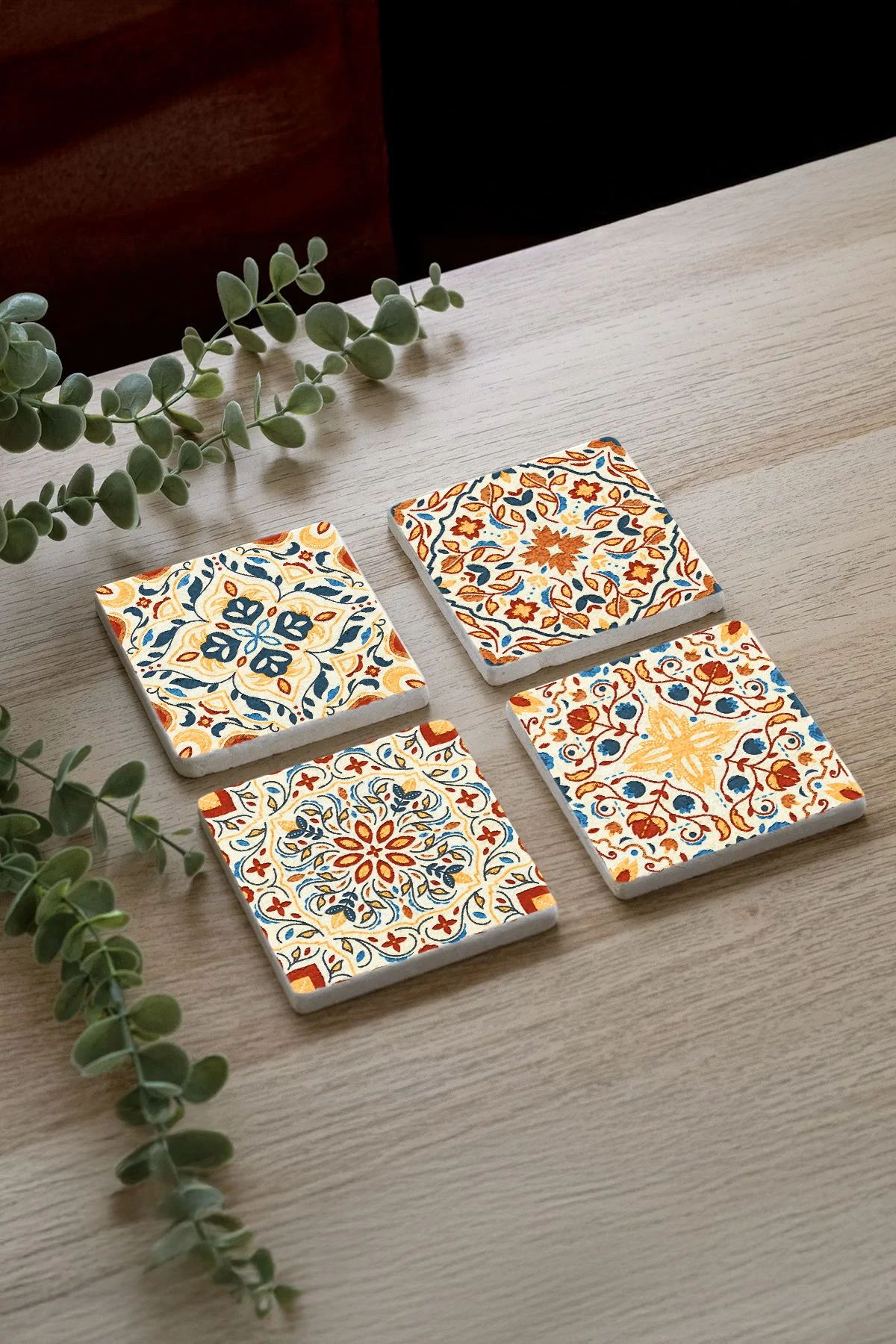 UV Baskılı Doğal Mermer Altlık 4'Lü Set 10X10X1 Cm - Yonca Çini