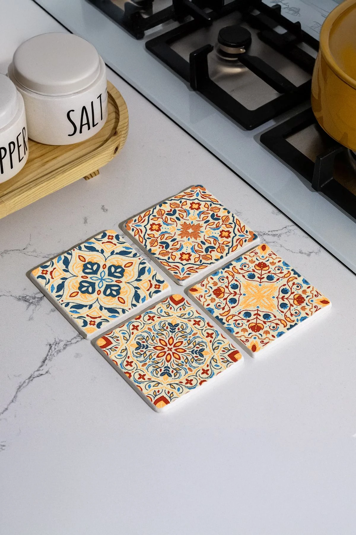 UV Baskılı Doğal Mermer Altlık 4'Lü Set 10X10X1 Cm - Yonca Çini