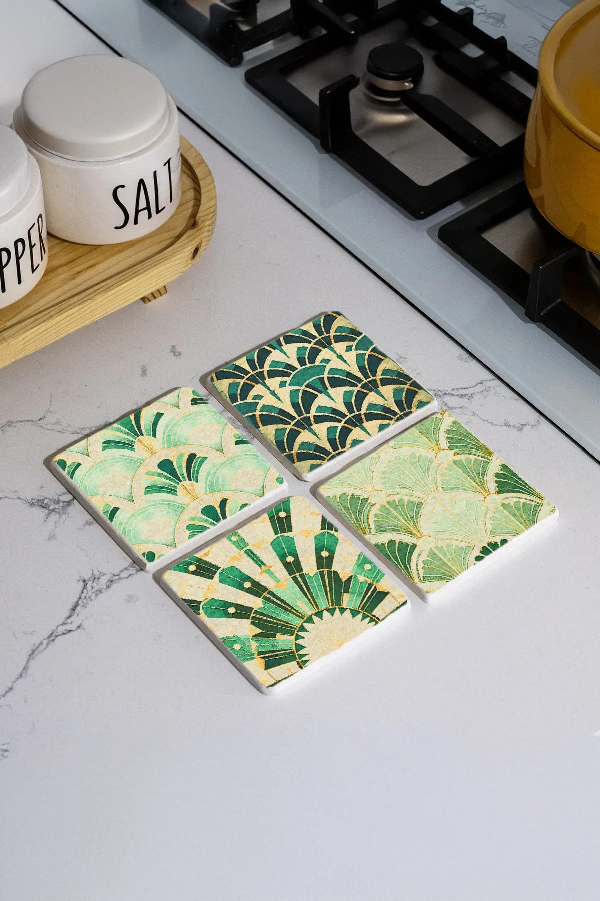 Eskitme Görünümlü Taş Bardak Altlıkları 4'Lü Set 10X10X1 Cm - Zarif Art Deco