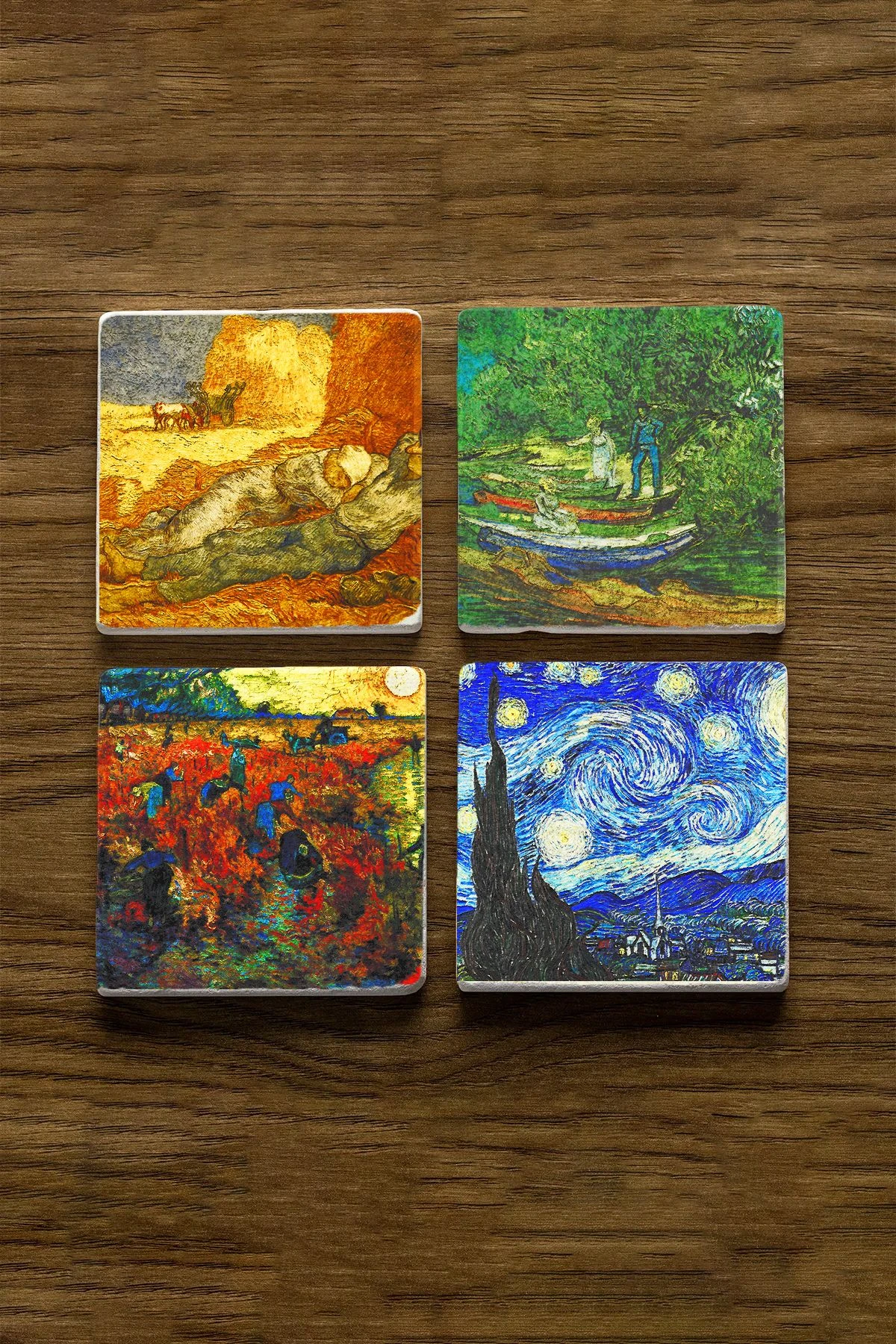 Antik Desenli Taş Bardak Altlıkları 4'Lü Set - Vincent Van Gogh Yıldızlı Gece, Balıkçı Ve Çiftçiler