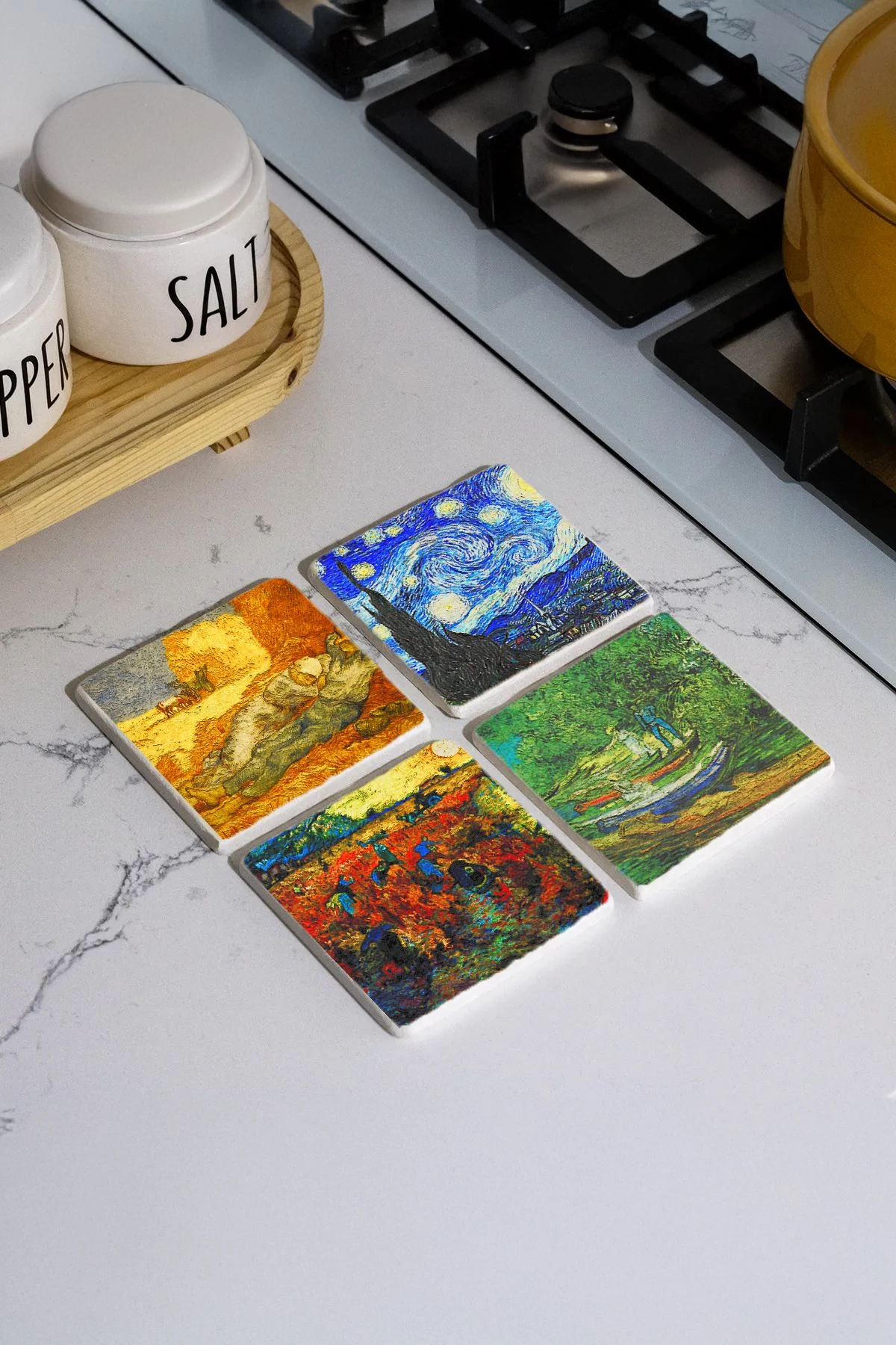 Antik Desenli Taş Bardak Altlıkları 4'Lü Set - Vincent Van Gogh Yıldızlı Gece, Balıkçı Ve Çiftçiler
