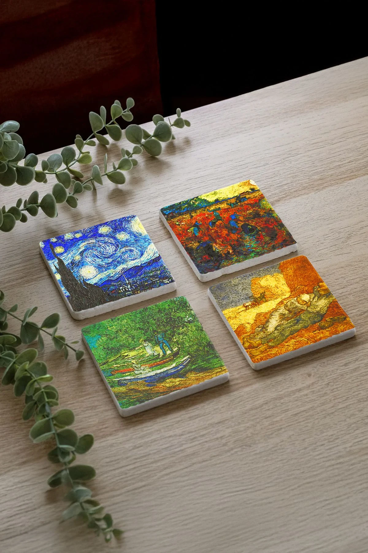 Antik Desenli Taş Bardak Altlıkları 4'Lü Set - Vincent Van Gogh Yıldızlı Gece, Balıkçı Ve Çiftçiler