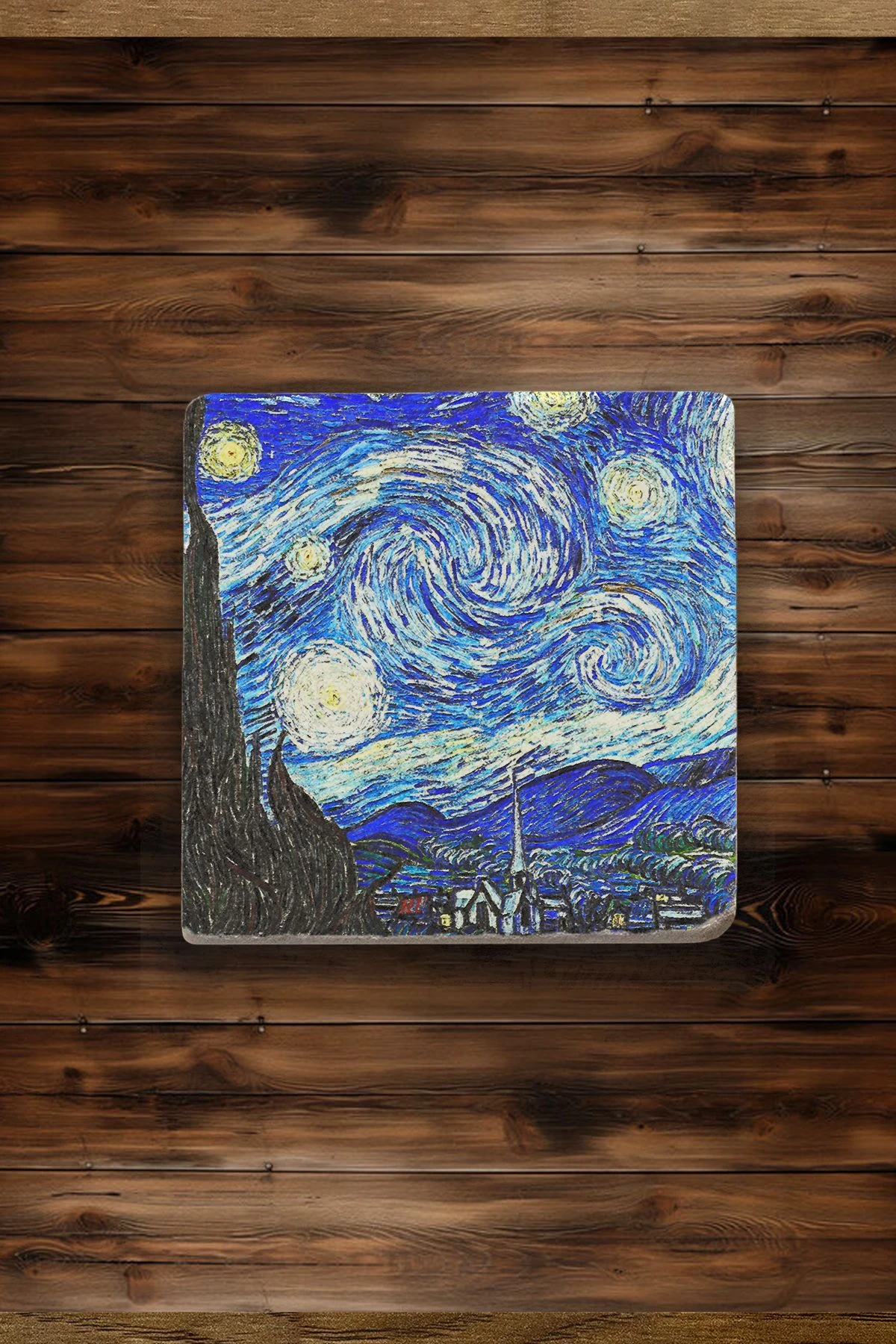 Antik Desenli Taş Bardak Altlıkları 4'Lü Set - Vincent Van Gogh Yıldızlı Gece, Balıkçı Ve Çiftçiler