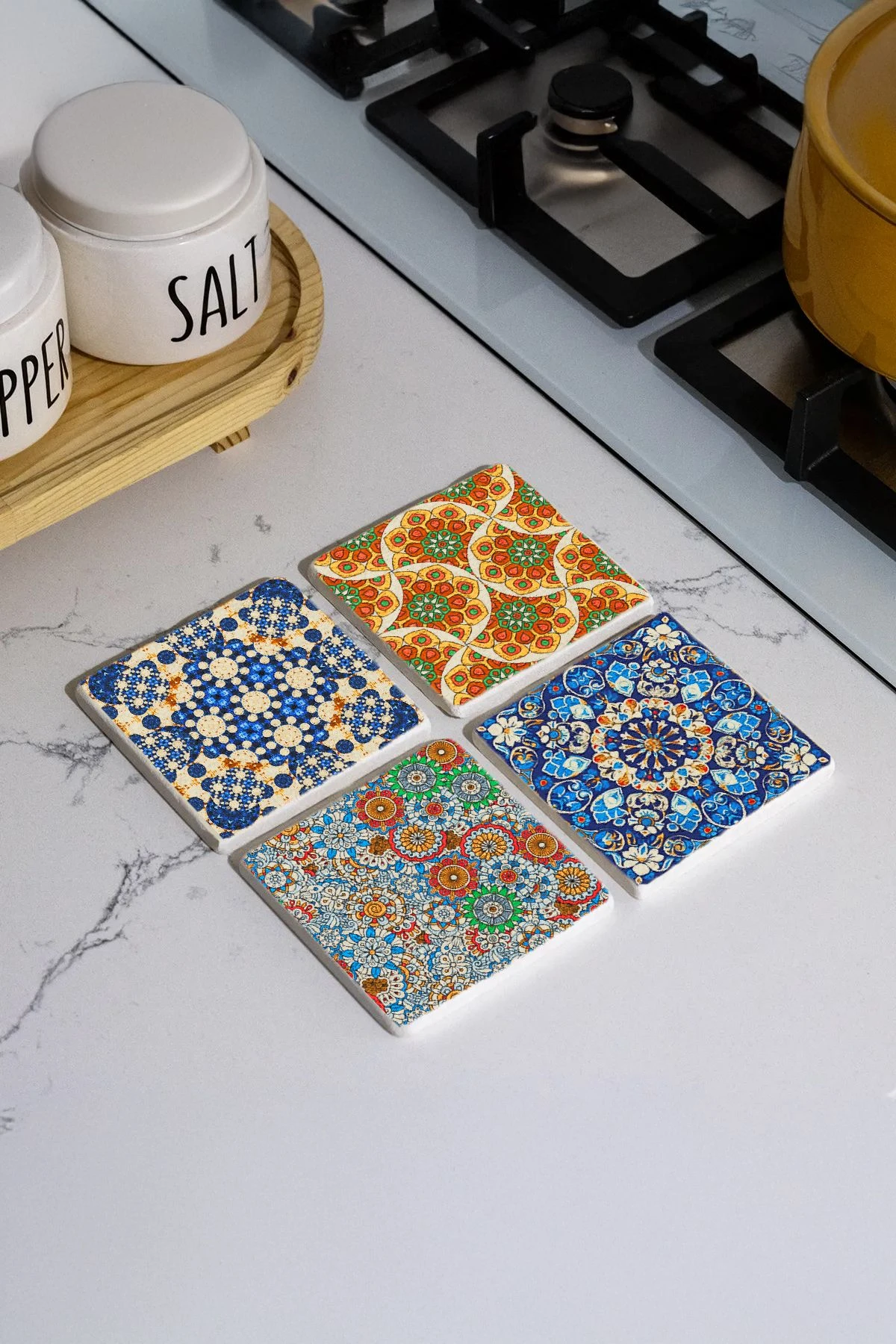 Premium Kalite Mermer Altlık 4'Lü Set 10X10X1 Cm - Elit Çini Model  Il-26