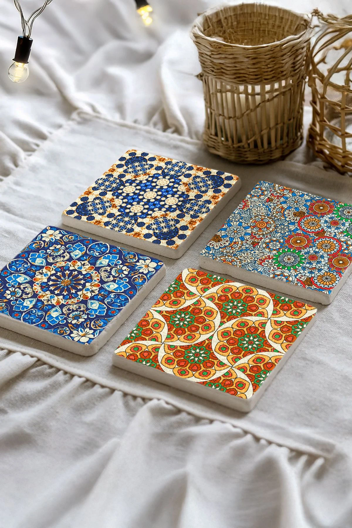 Premium Kalite Mermer Altlık 4'Lü Set 10X10X1 Cm - Elit Çini Model  Il-26