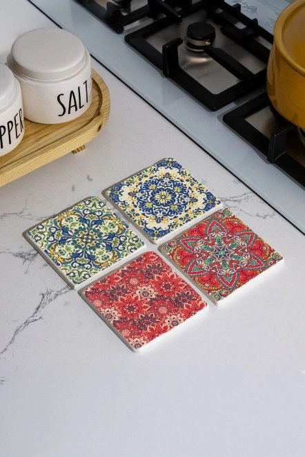 Dekoratif Mermer Bardak Altlığı Seti 10X10X1 Cm - Arabic Desen Çini Model
