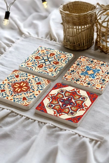 Minimalist Mermer Bardak Altlığı 4'Lü Set 10X10X1 Cm - Barok Çini