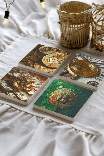 Doğal Taş Mermer Bardak Altlığı 4'Lü Set 10X10X1 Cm - Bitcon Ve Dolar Figür