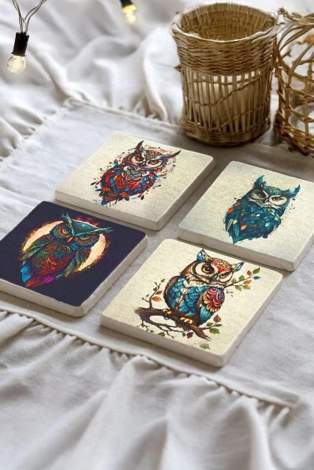 El Yapımı Doğaltaş Bardak Altlıkları 10X10X1 Cm - Dijital Baykuş Figür Çizimi