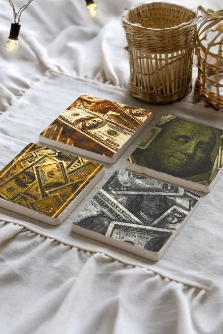 Klasik Mermer Bardak Altlığı 4'Lü Set 10X10X1 Cm - Dolar Benjamin Franklin Figür