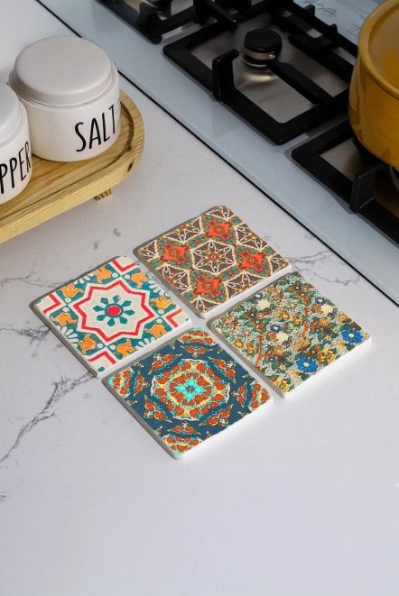 Set Halinde Doğal Taş Bardak Altlıkları 10X10X1 Cm - Farsça Desen Çini
