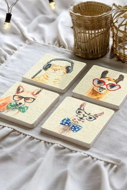 Sürdürülebilir Doğal Taş Bardak Altlıkları - Hayvansal İllüstrasyon