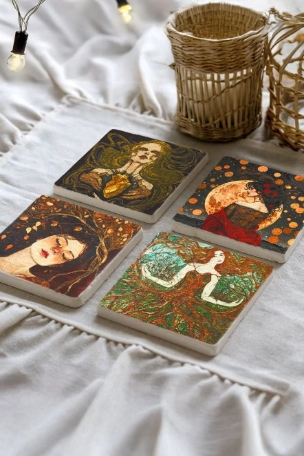 Isıya Dayanıklı Taş Bardak Altlıkları 4'Lü Set 10X10X1 Cm - Hüzünlü Sonbahar İllüstrasyon