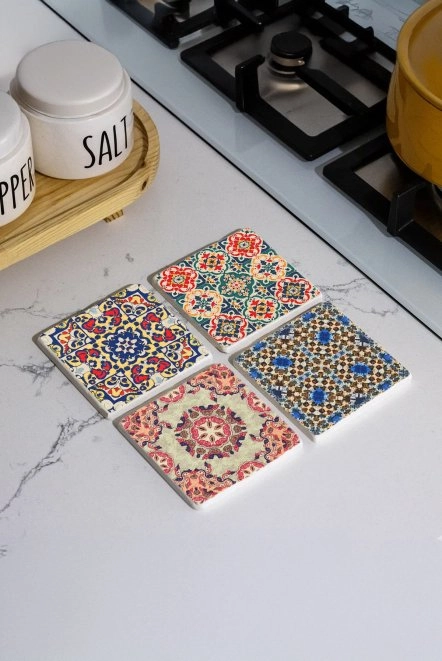 Boyanabilir Traverten Bardak Altlıkları 10X10X1 Cm - İran Desen Çini