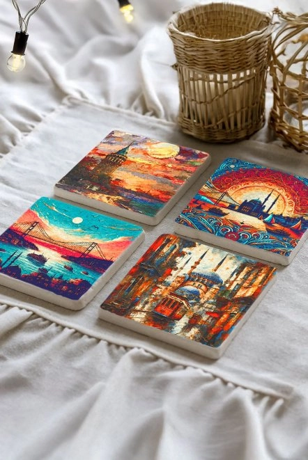 Rustik Tasarımlı Bardak Altlıkları 4'Lü Set 10X10X1 Cm - İstanbul Portre